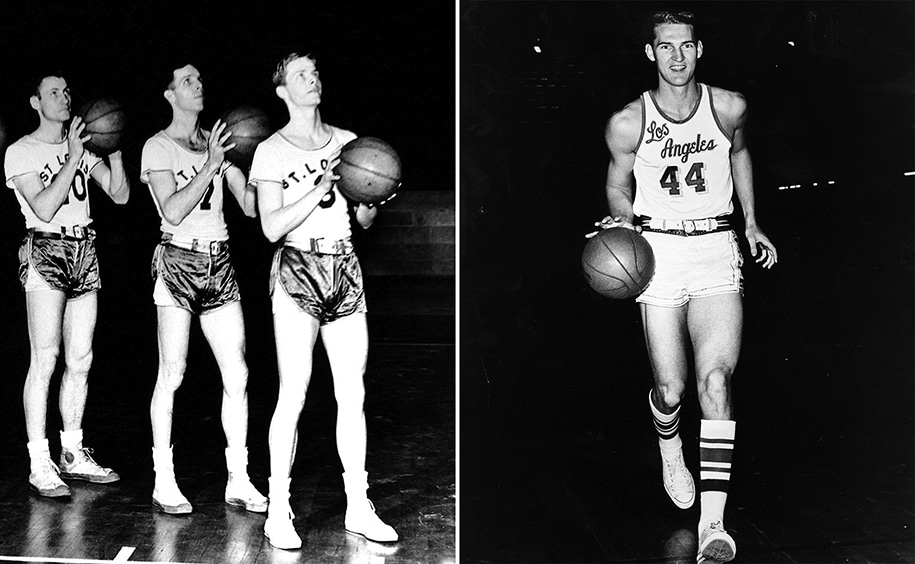 Những mẫu đồng phục thi đấu đầu tiên tại NBA, nổi bật là dây nịt được các cầu thủ sử dụng khi thi đấu